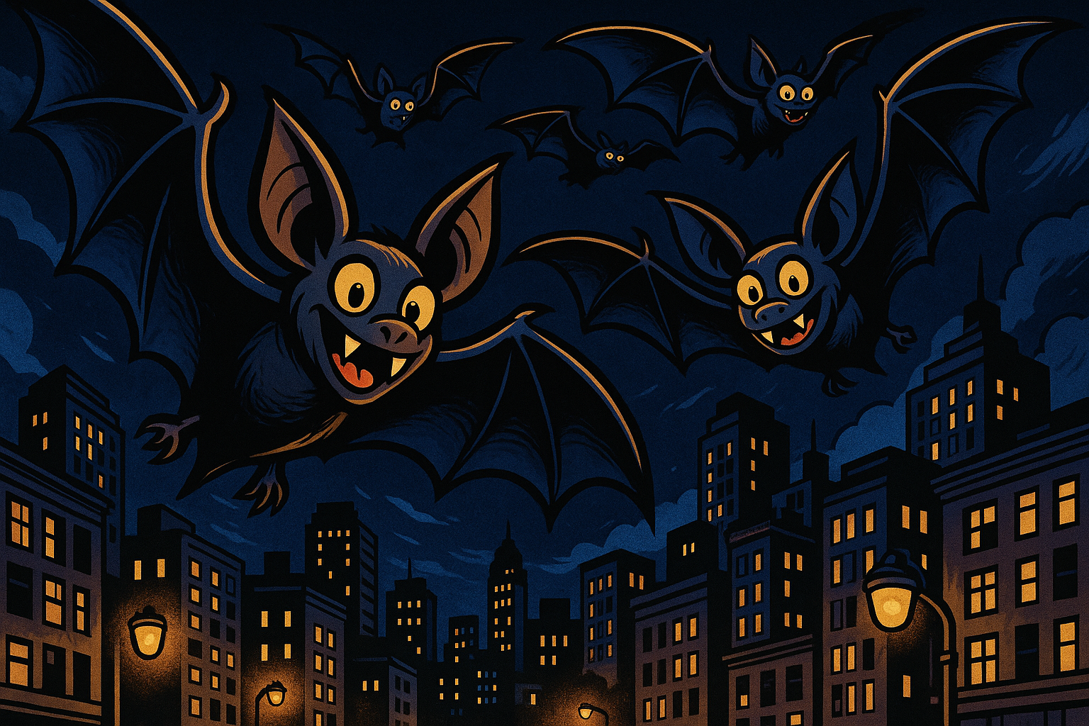 Comic bats flying in the night above a city